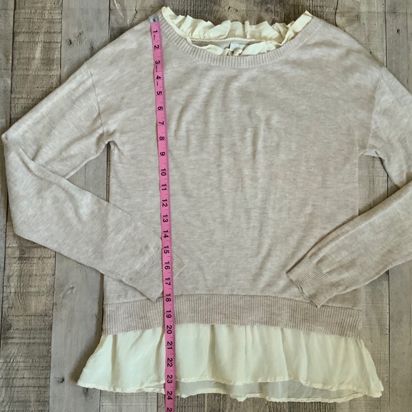 Hinge Oatmeal Beige Lightweight Cotton Blend Sweater Silk Ruffle SZ S - Picture 5 of 8